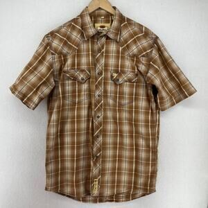 LARRY MAHAN Shirt Mens L Cowboy Collection Western Plaid Pearl Snap Brown Vtg